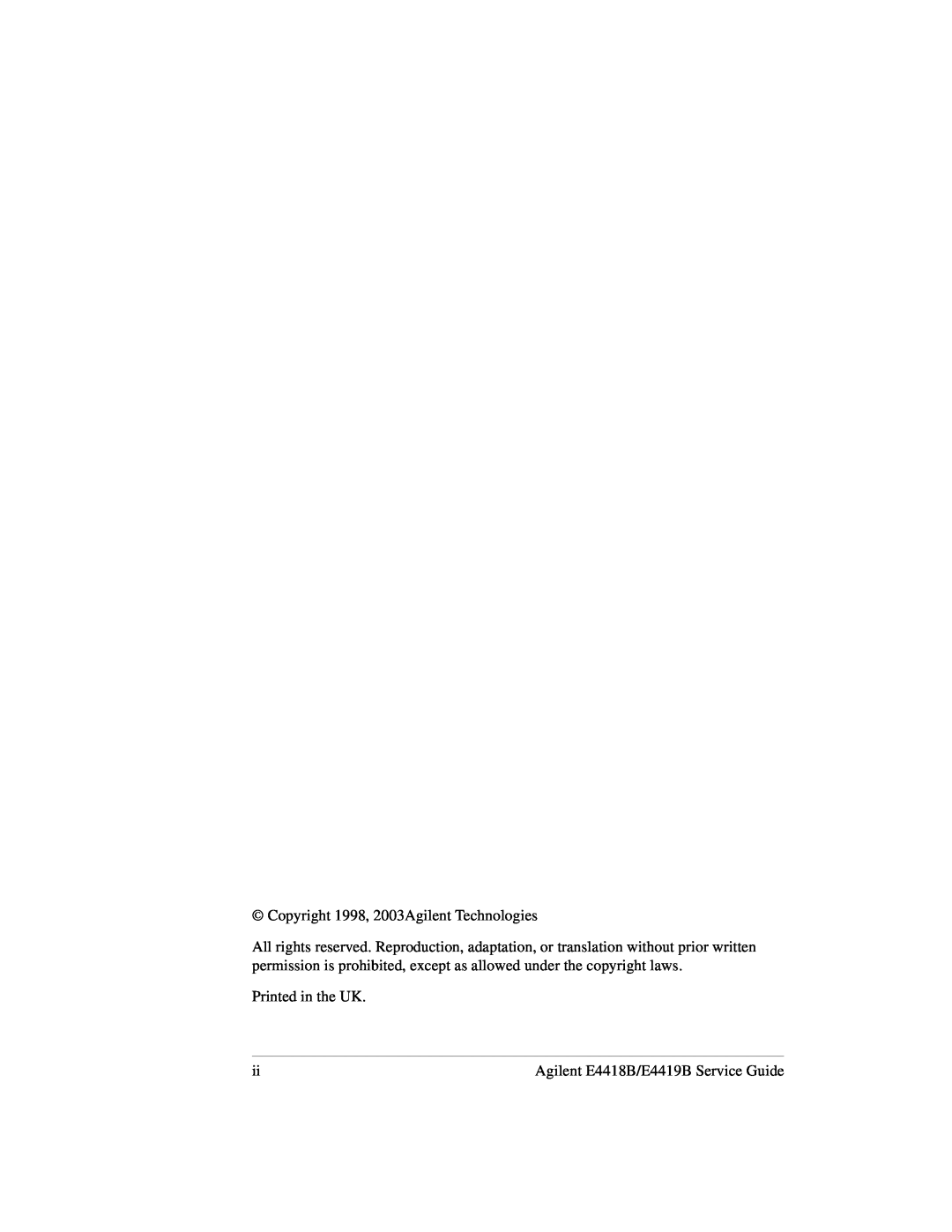 Agilent Technologies e4418b, e4419b manual Copyright 1998, 2003Agilent Technologies, Printed in the UK 