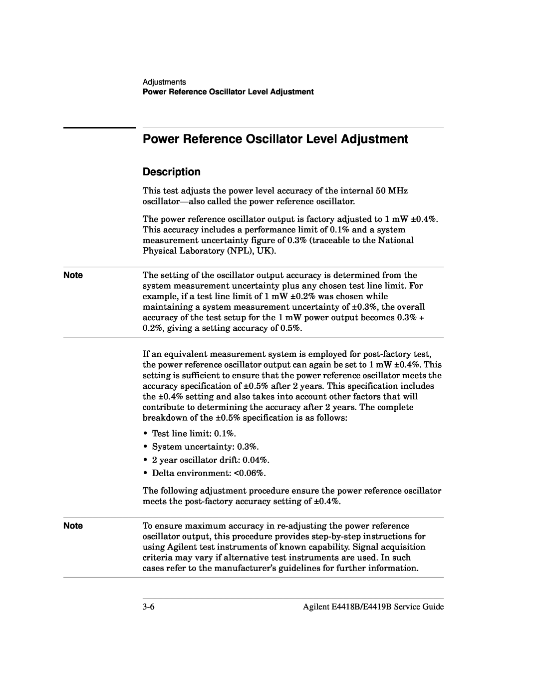 Agilent Technologies e4418b, e4419b manual Power Reference Oscillator Level Adjustment, Description 