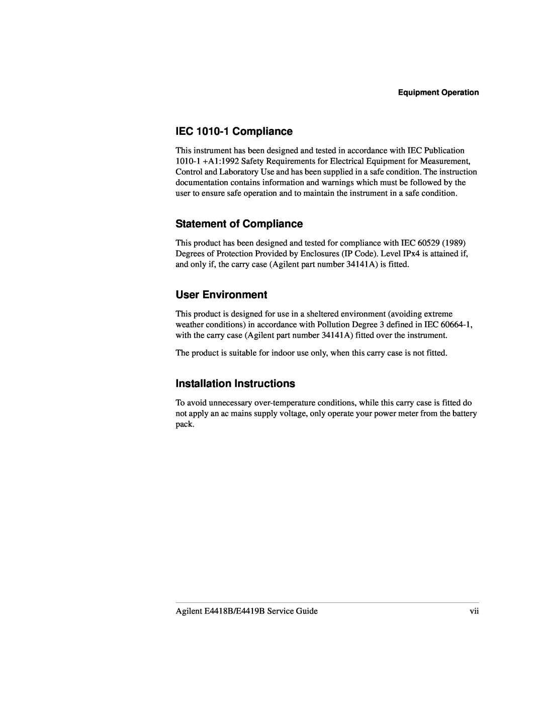 Agilent Technologies e4419b IEC 1010-1 Compliance, Statement of Compliance, User Environment, Installation Instructions 