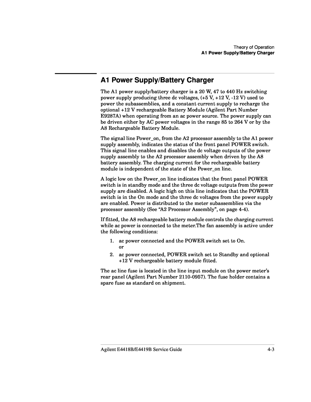 Agilent Technologies e4419b, e4418b manual A1 Power Supply/Battery Charger 
