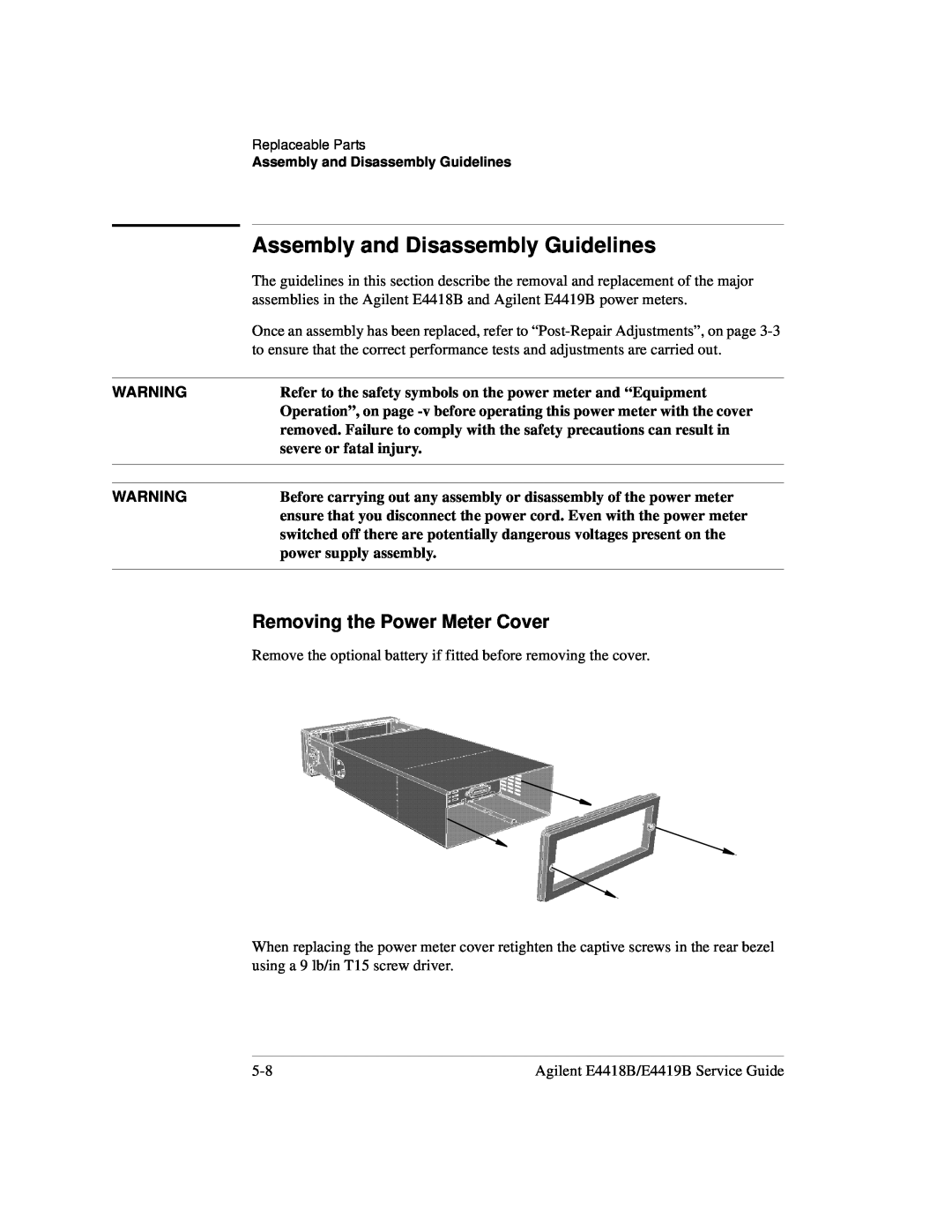 Agilent Technologies e4418b, e4419b manual Assembly and Disassembly Guidelines, Removing the Power Meter Cover 