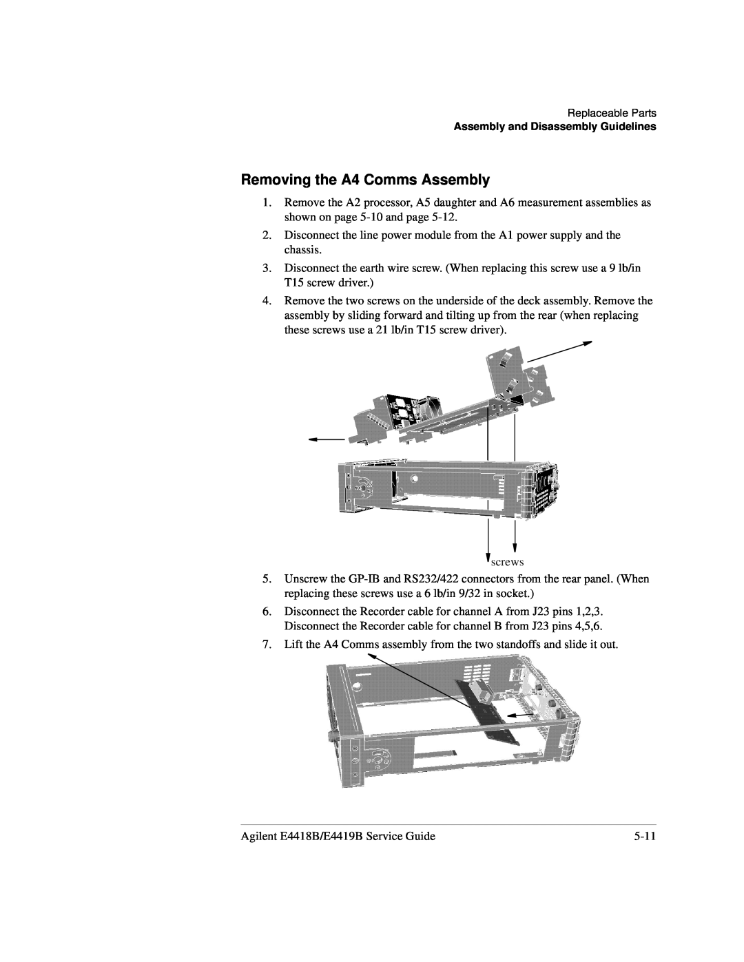Agilent Technologies e4419b, e4418b manual Removing the A4 Comms Assembly, screws 