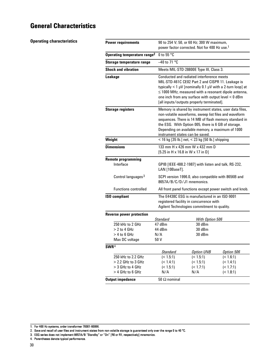 Agilent Technologies E4438C manual General Characteristics, Operating characteristics 
