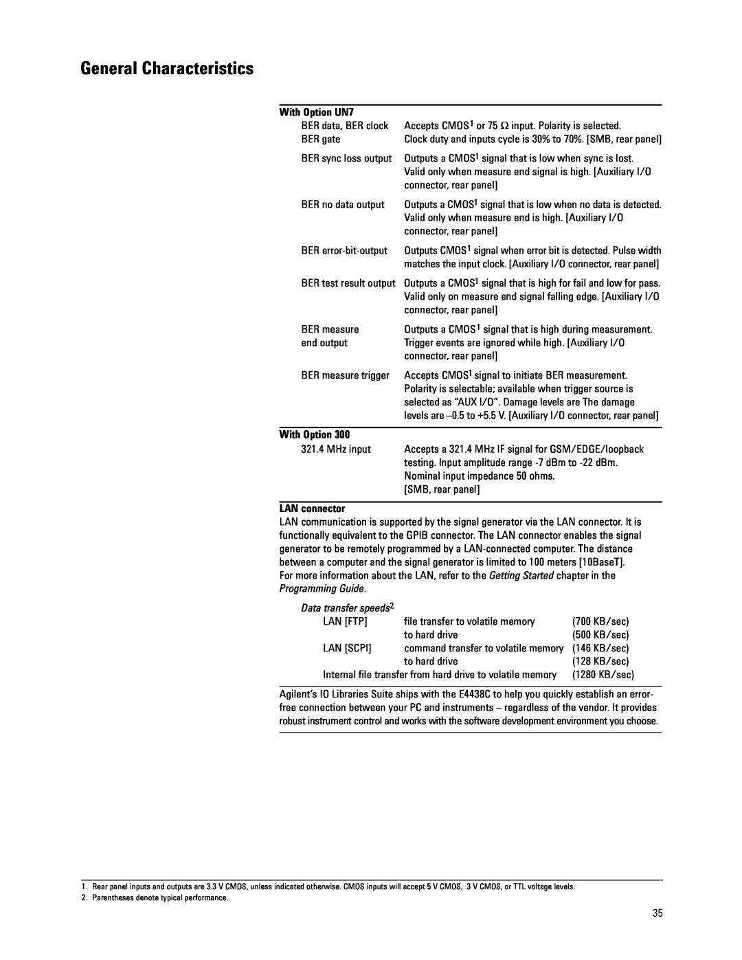 Agilent Technologies E4438C manual General Characteristics, With Option UN7, LAN connector 