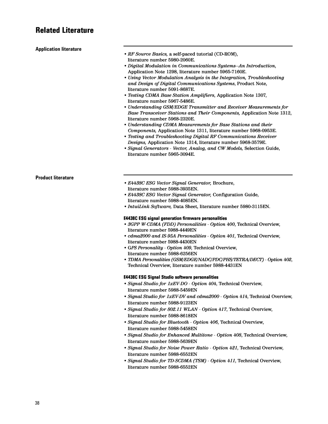 Agilent Technologies E4438C manual Related Literature, Application literature, Product literature 