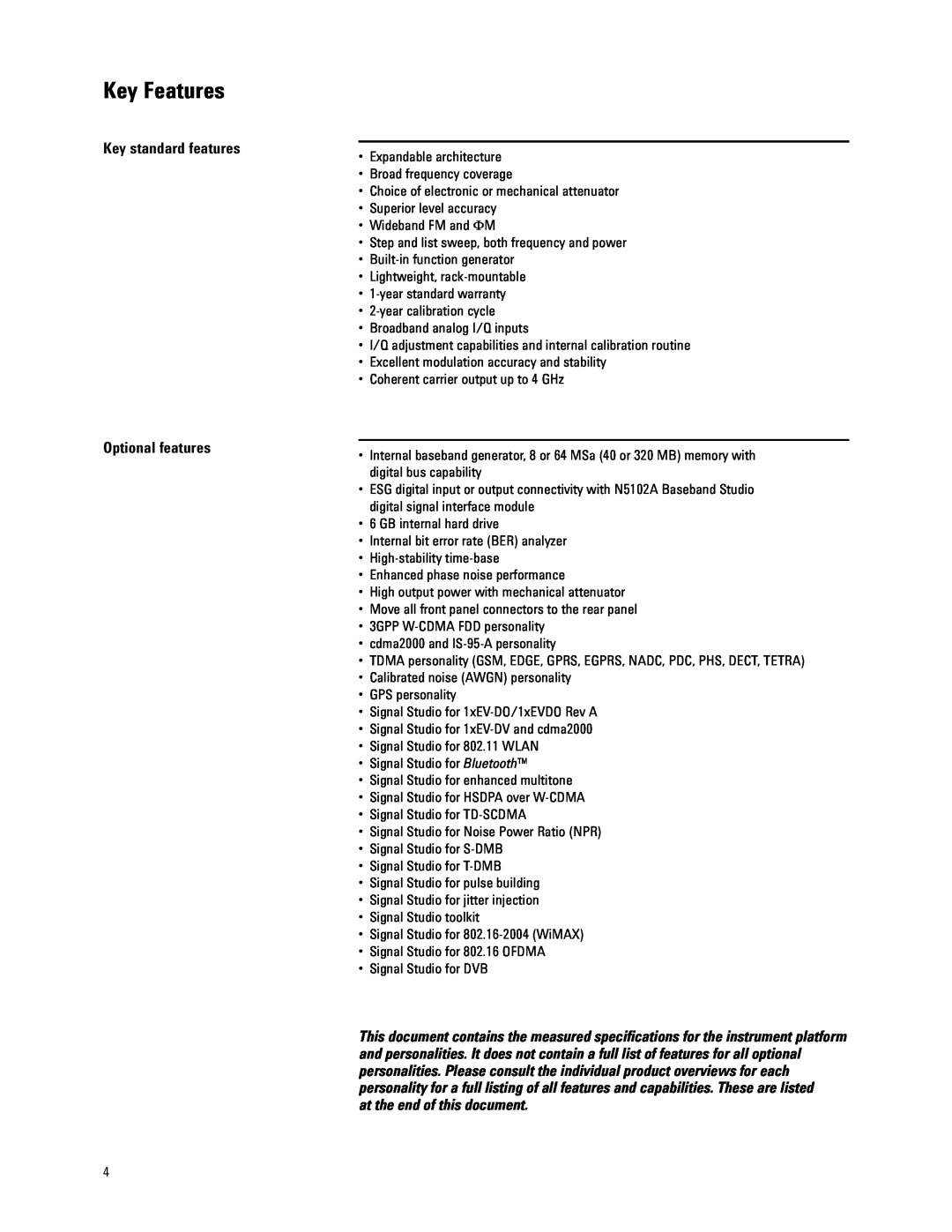 Agilent Technologies E4438C manual Key Features, Key standard features Optional features, at the end of this document 