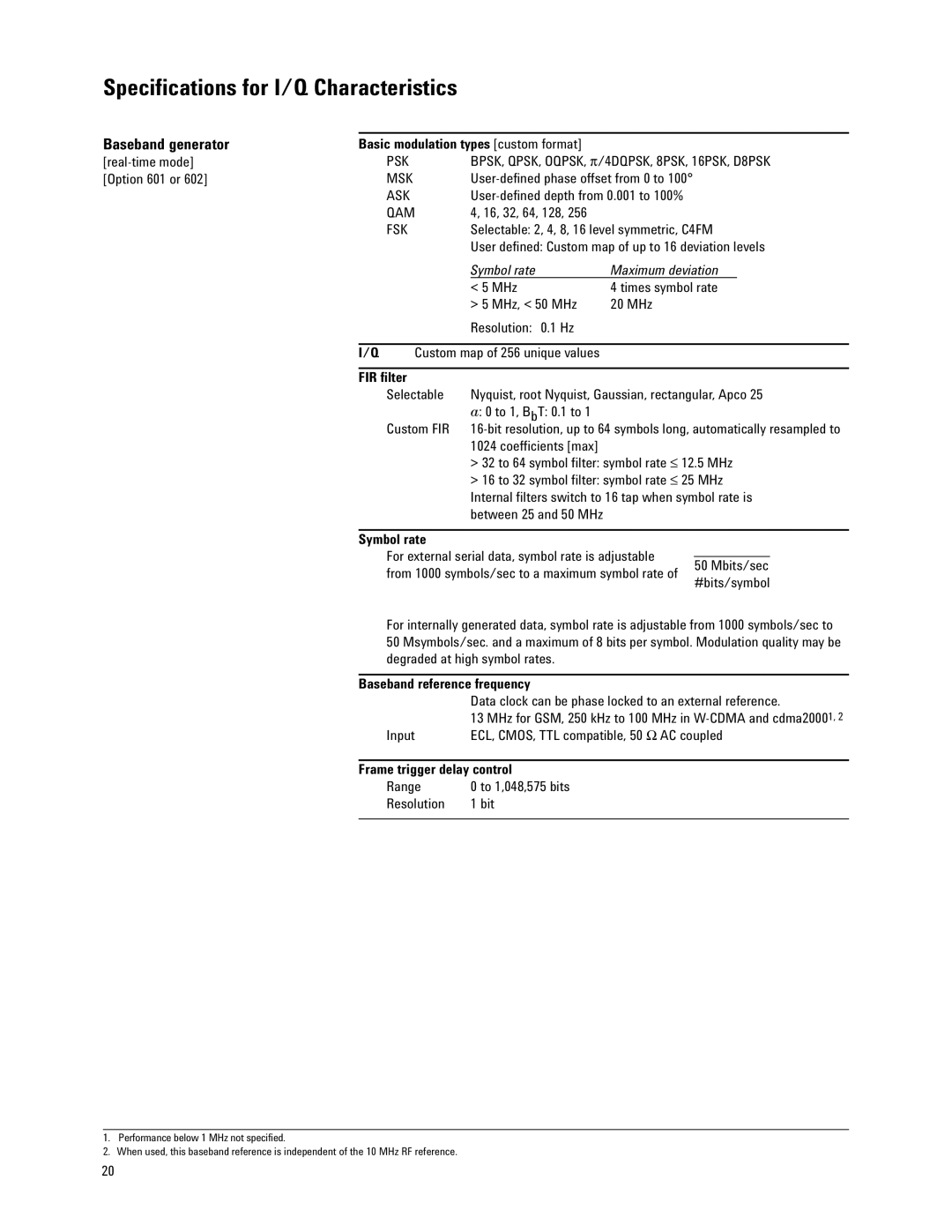 Agilent Technologies E4438C manual Symbol rate Maximum deviation, FIR filter, Baseband reference frequency 