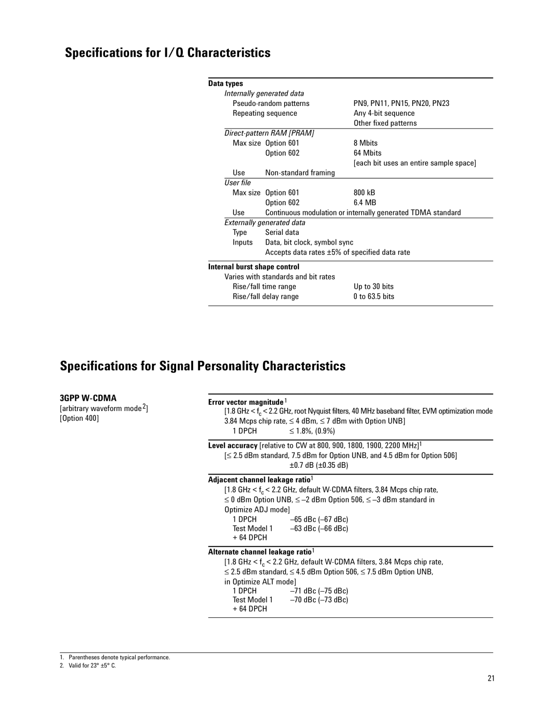 Agilent Technologies E4438C manual Specifications for Signal Personality Characteristics, Data types 