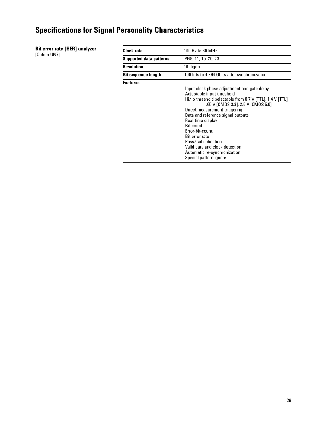 Agilent Technologies E4438C manual Bit error rate BER analyzer, Clock rate, Supported data patterns, Bit sequence length 