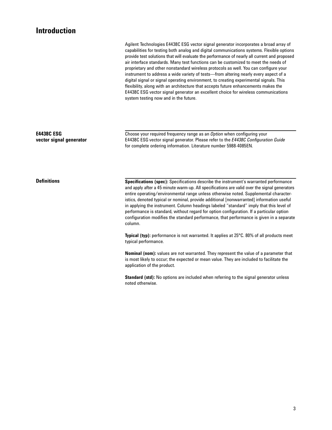 Agilent Technologies manual Introduction, E4438C ESG Vector signal generator Definitions 