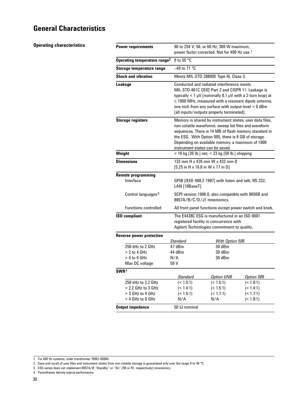 Agilent Technologies E4438C manual Operating characteristics 