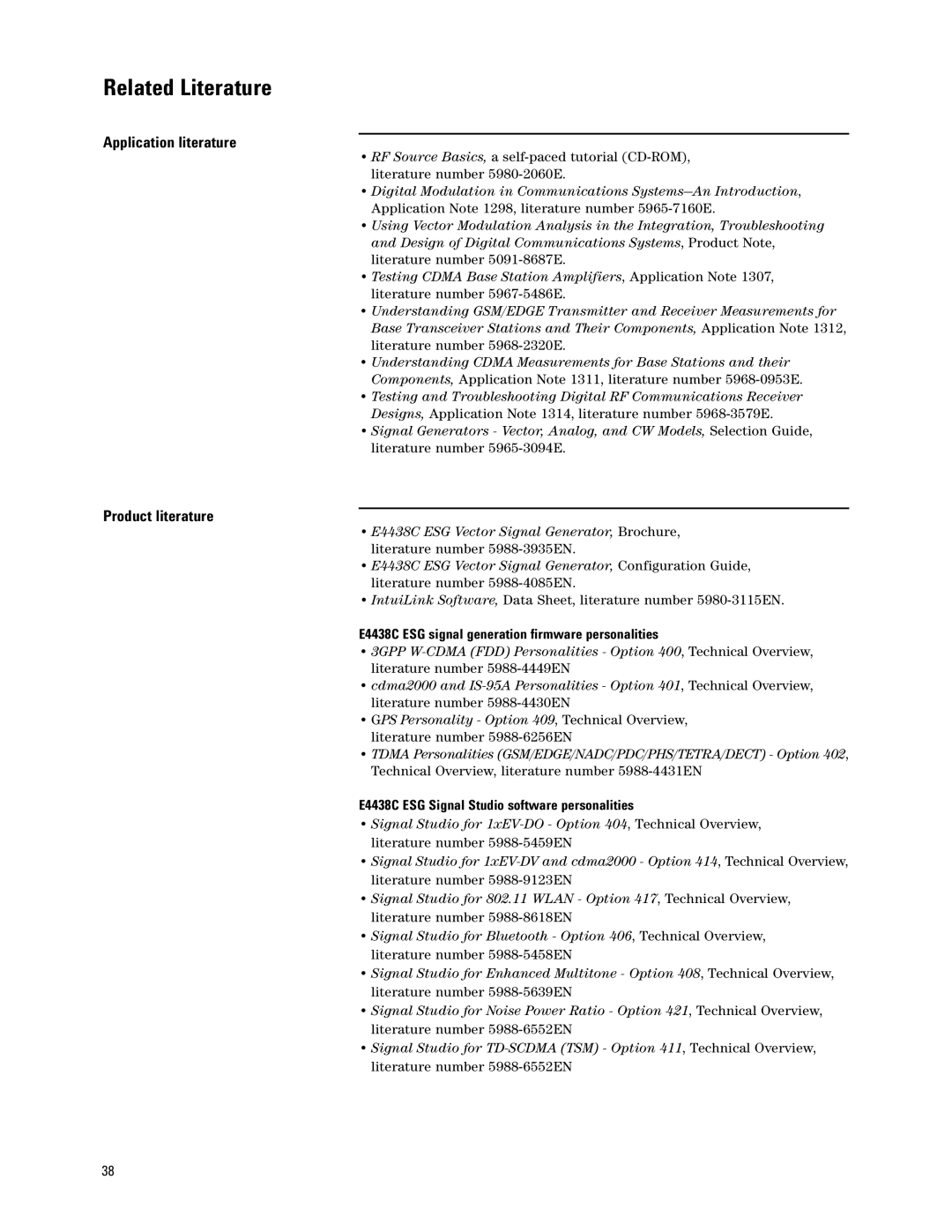 Agilent Technologies E4438C manual Related Literature, Application literature, Product literature 