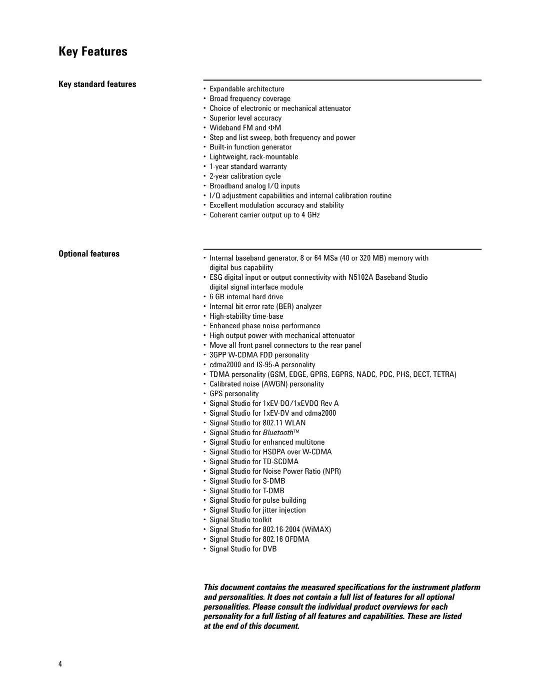 Agilent Technologies E4438C manual Key Features, Key standard features Optional features 