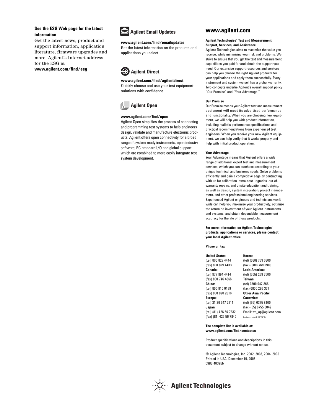 Agilent Technologies E4438C manual Agilent Open, See the ESG Web page for the latest information 