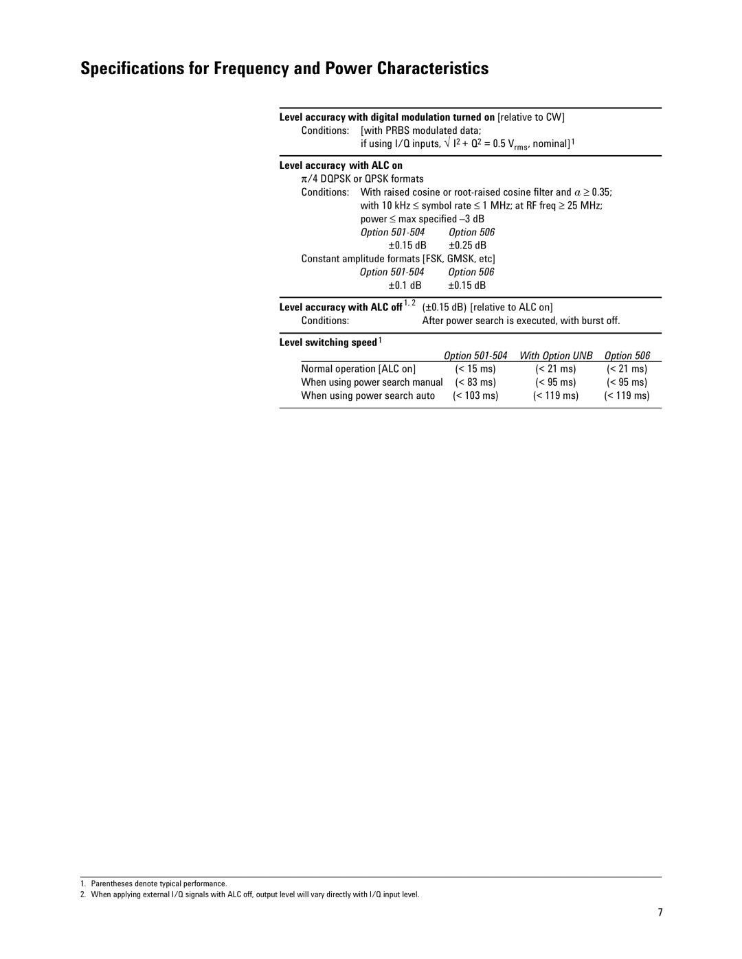 Agilent Technologies E4438C manual Level accuracy with ALC on, Option ±0.15 dB ±0.25 dB, Level switching speed 