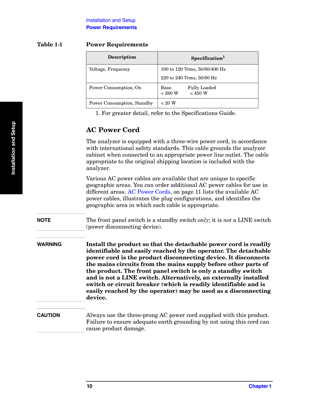 Agilent Technologies E4440A manual AC Power Cord, Power Requirements 