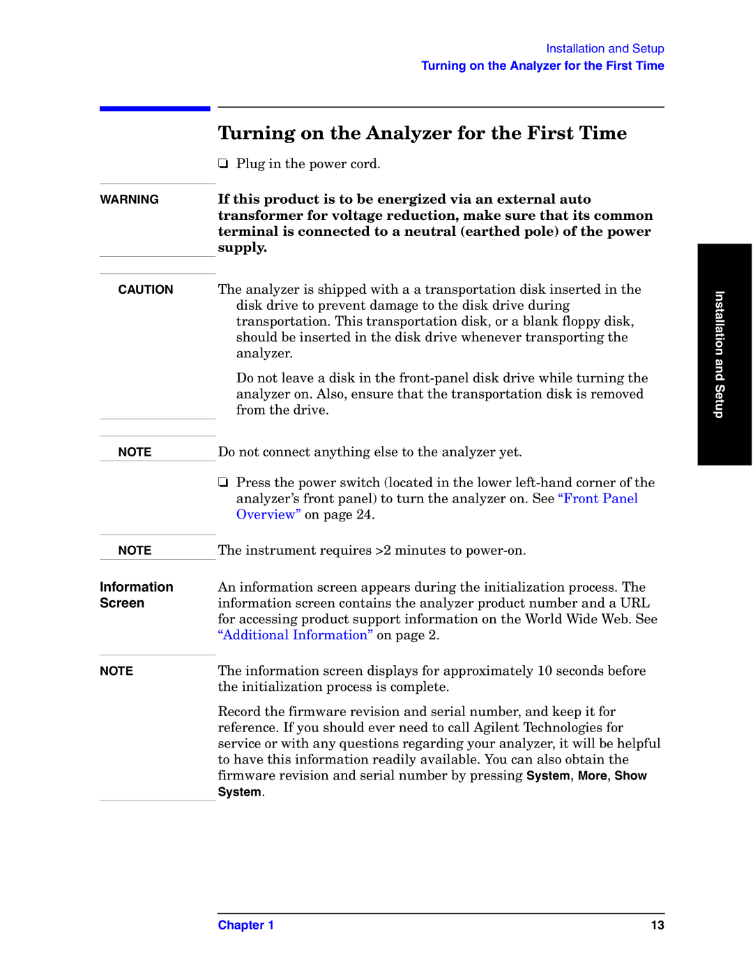 Agilent Technologies E4440A manual Turning on the Analyzer for the First Time, Information Screen 