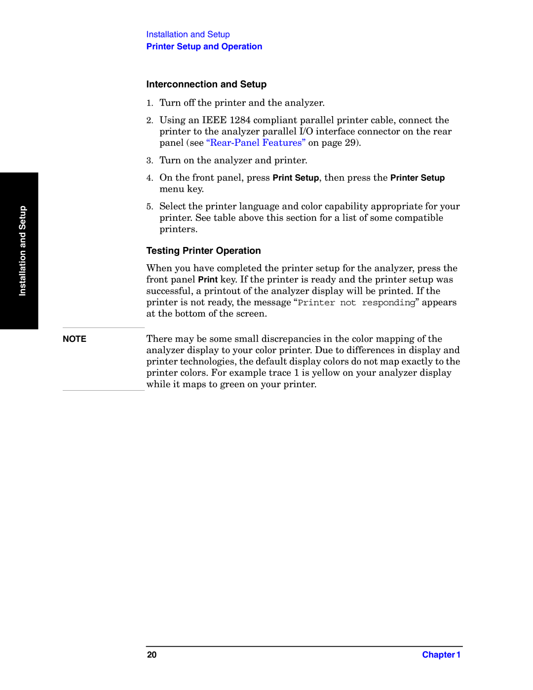 Agilent Technologies E4440A manual Interconnection and Setup, Testing Printer Operation 