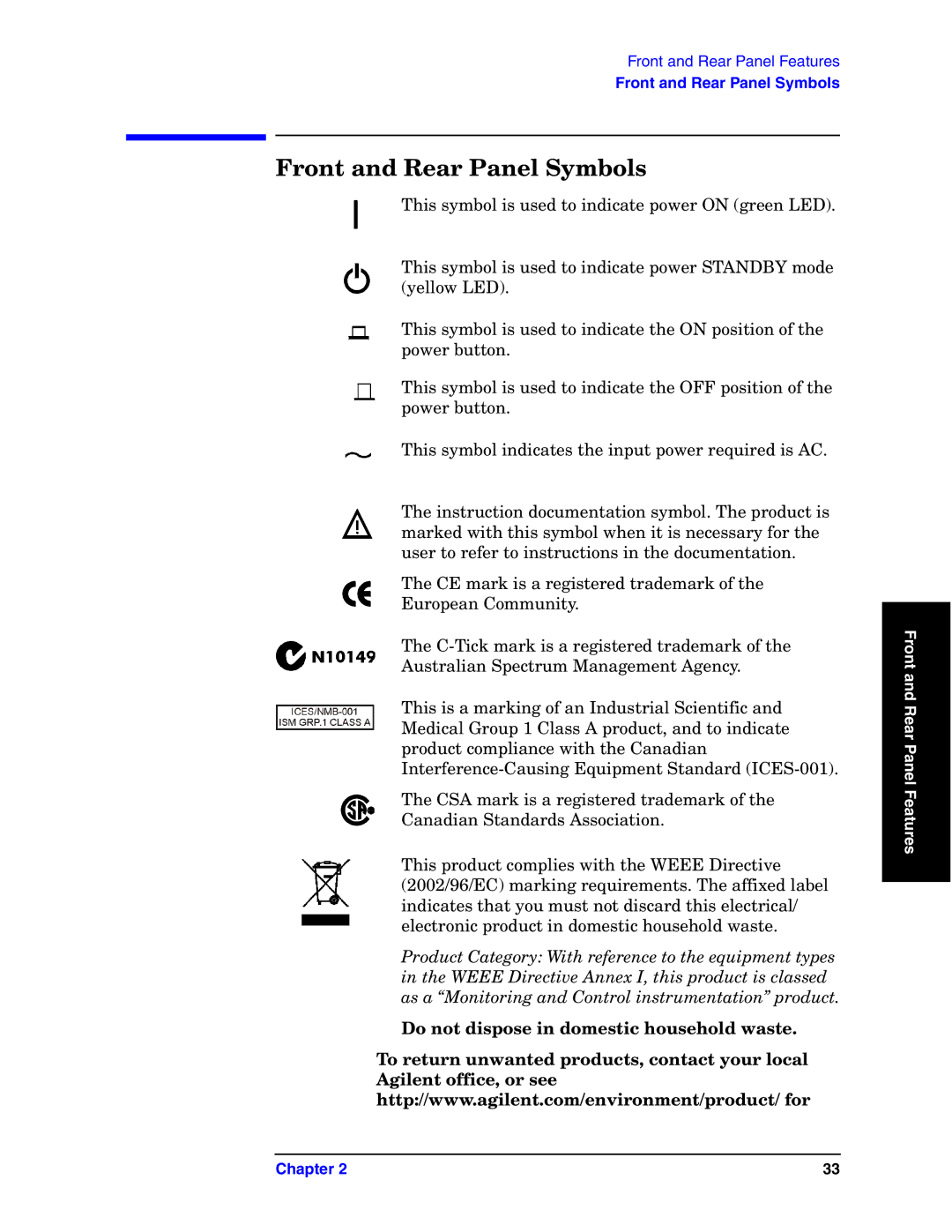 Agilent Technologies E4440A manual Front and Rear Panel Symbols, Do not dispose in domestic household waste 