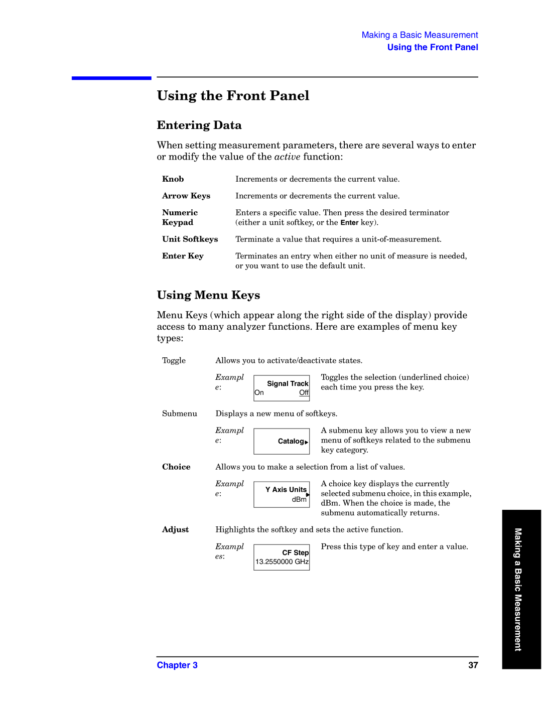 Agilent Technologies E4440A manual Using the Front Panel, Entering Data, Using Menu Keys 