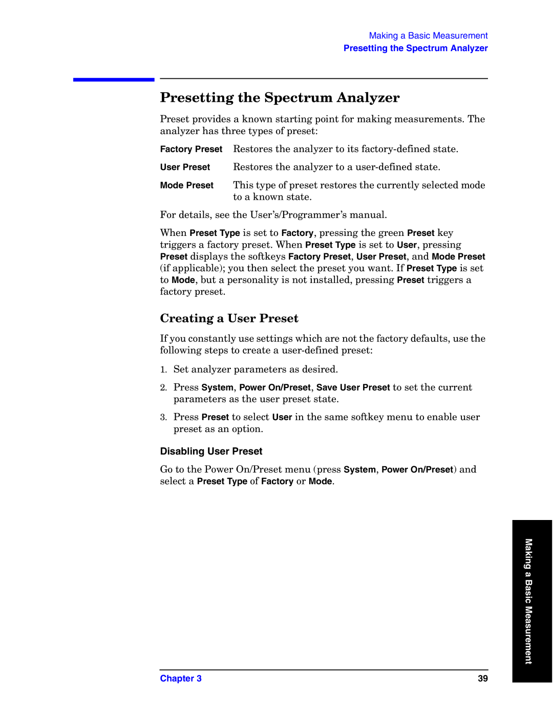 Agilent Technologies E4440A manual Presetting the Spectrum Analyzer, Creating a User Preset, Disabling User Preset 