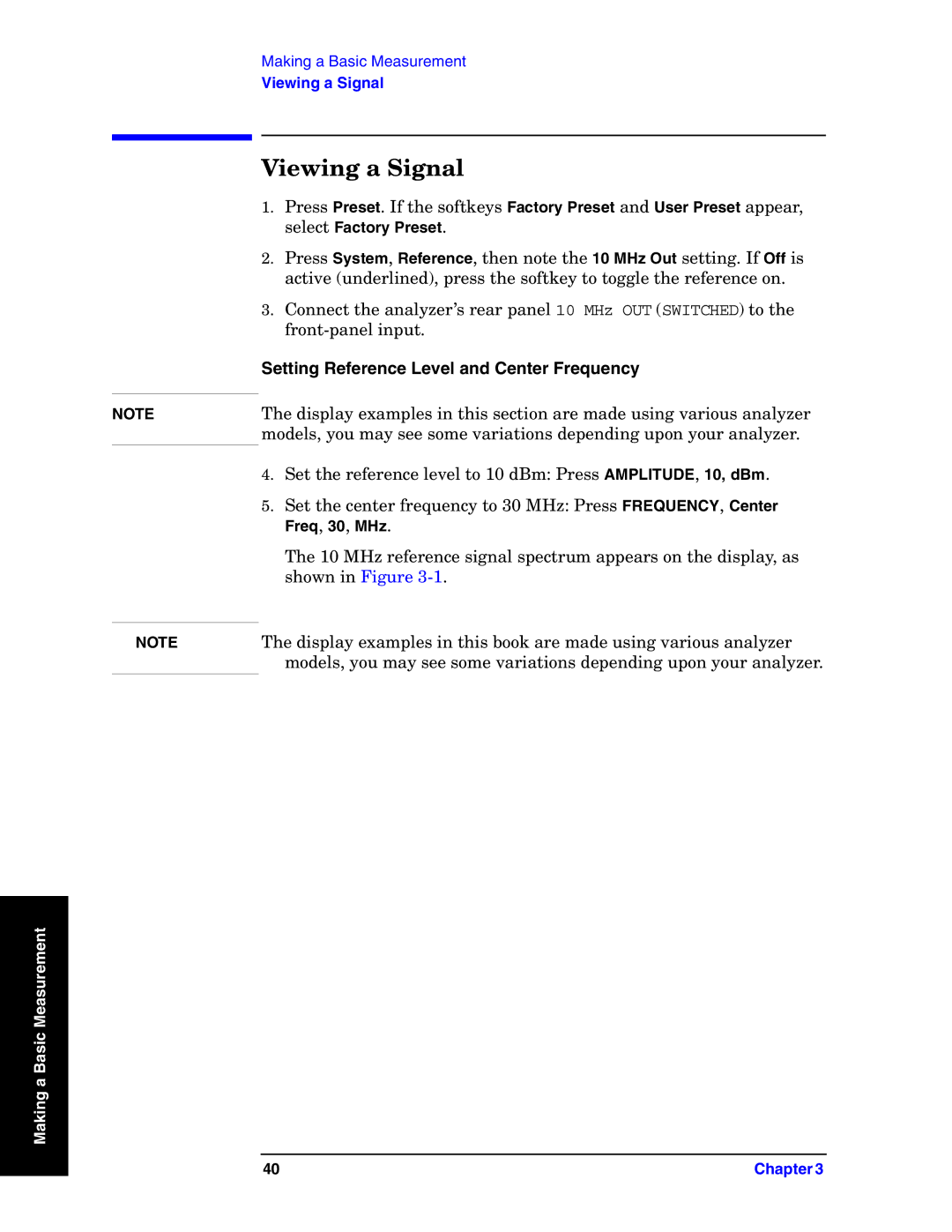 Agilent Technologies E4440A manual Viewing a Signal, Setting Reference Level and Center Frequency 