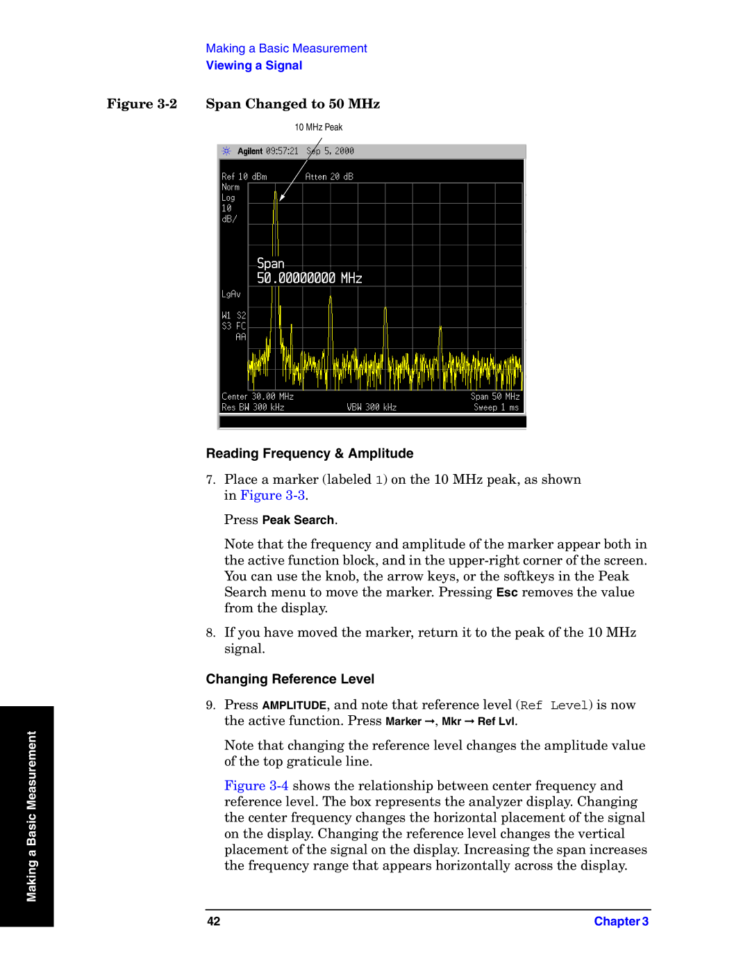 Agilent Technologies E4440A manual Reading Frequency & Amplitude, Changing Reference Level 