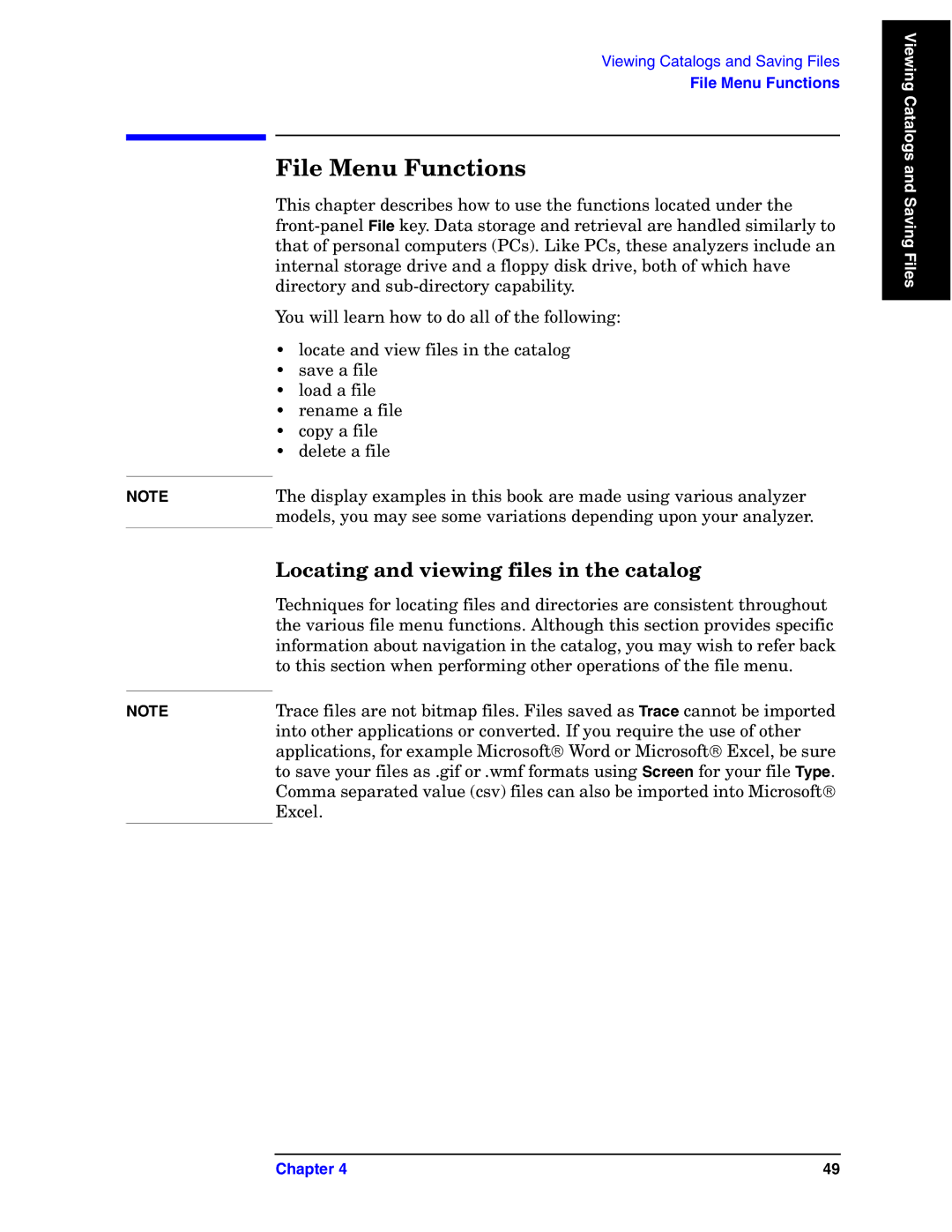 Agilent Technologies E4440A manual File Menu Functions, Locating and viewing files in the catalog 