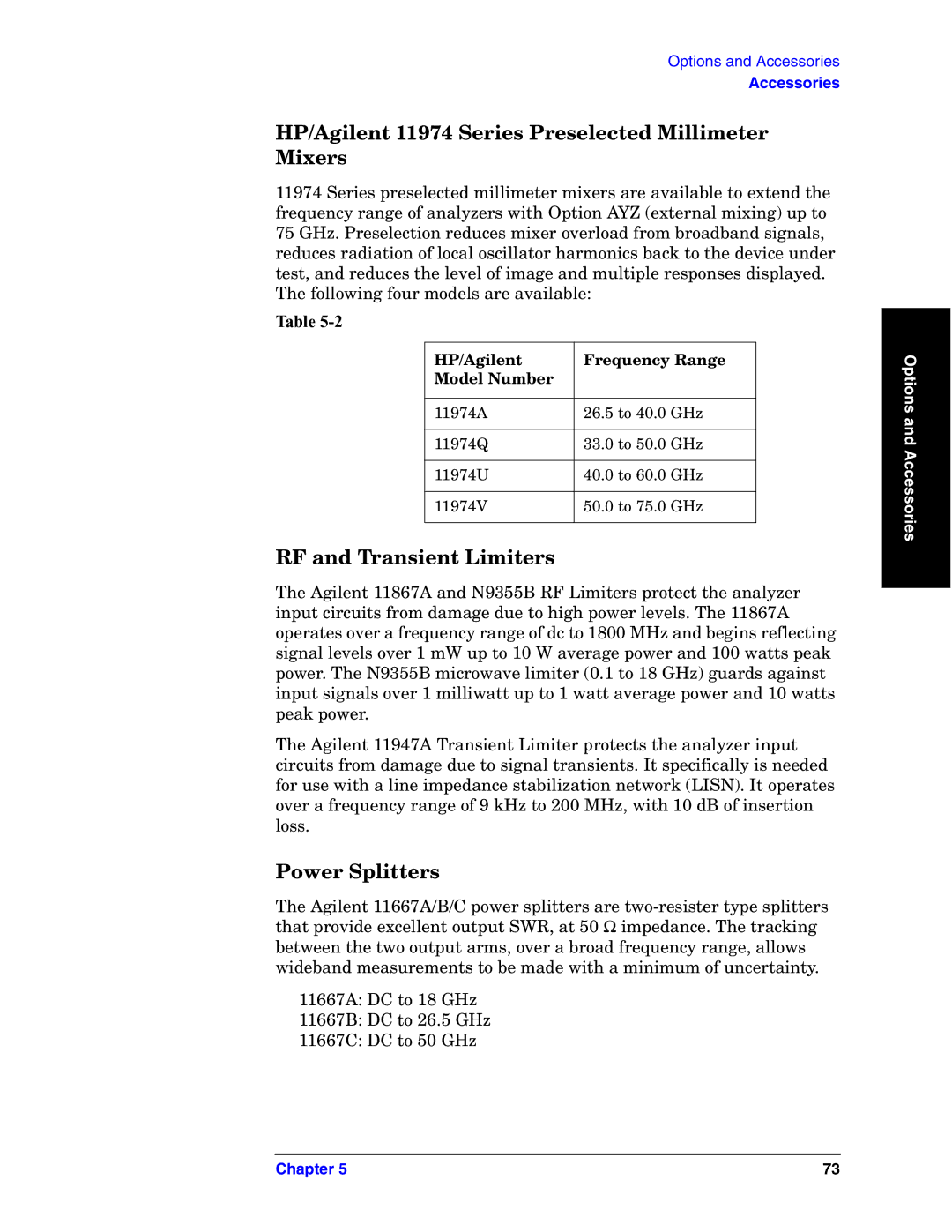 Agilent Technologies E4440A manual HP/Agilent 11974 Series Preselected Millimeter Mixers, RF and Transient Limiters 