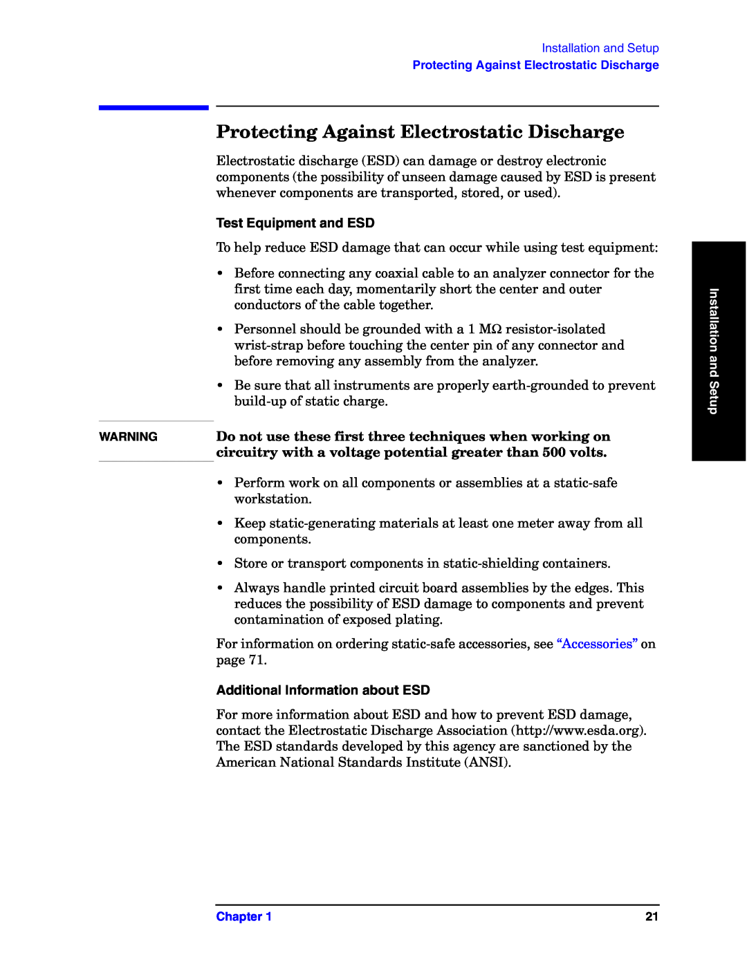 Agilent Technologies E4440A manual Protecting Against Electrostatic Discharge, Test Equipment and ESD 