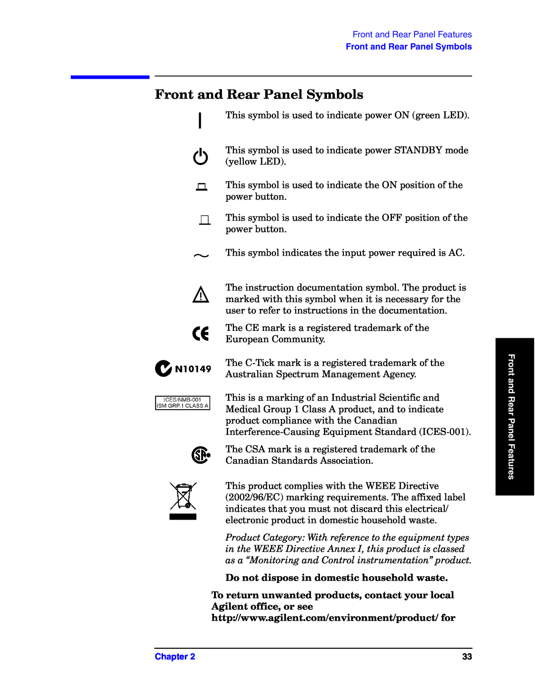 Agilent Technologies E4440A manual Front and Rear Panel Symbols, Do not dispose in domestic household waste 