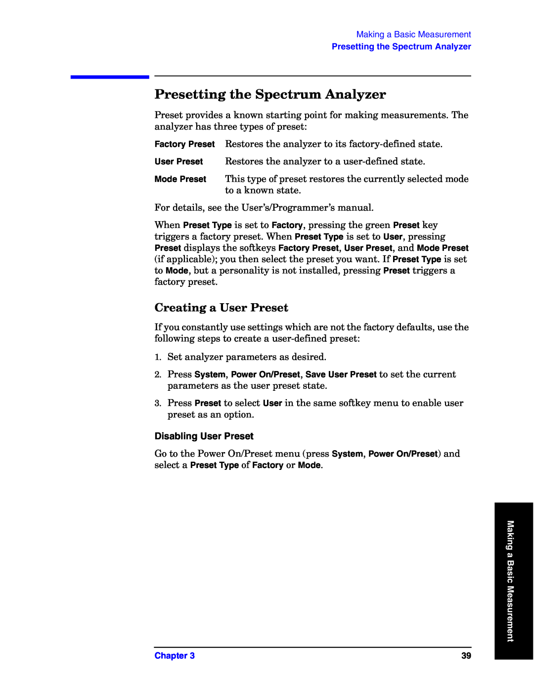 Agilent Technologies E4440A manual Presetting the Spectrum Analyzer, Creating a User Preset, Disabling User Preset 