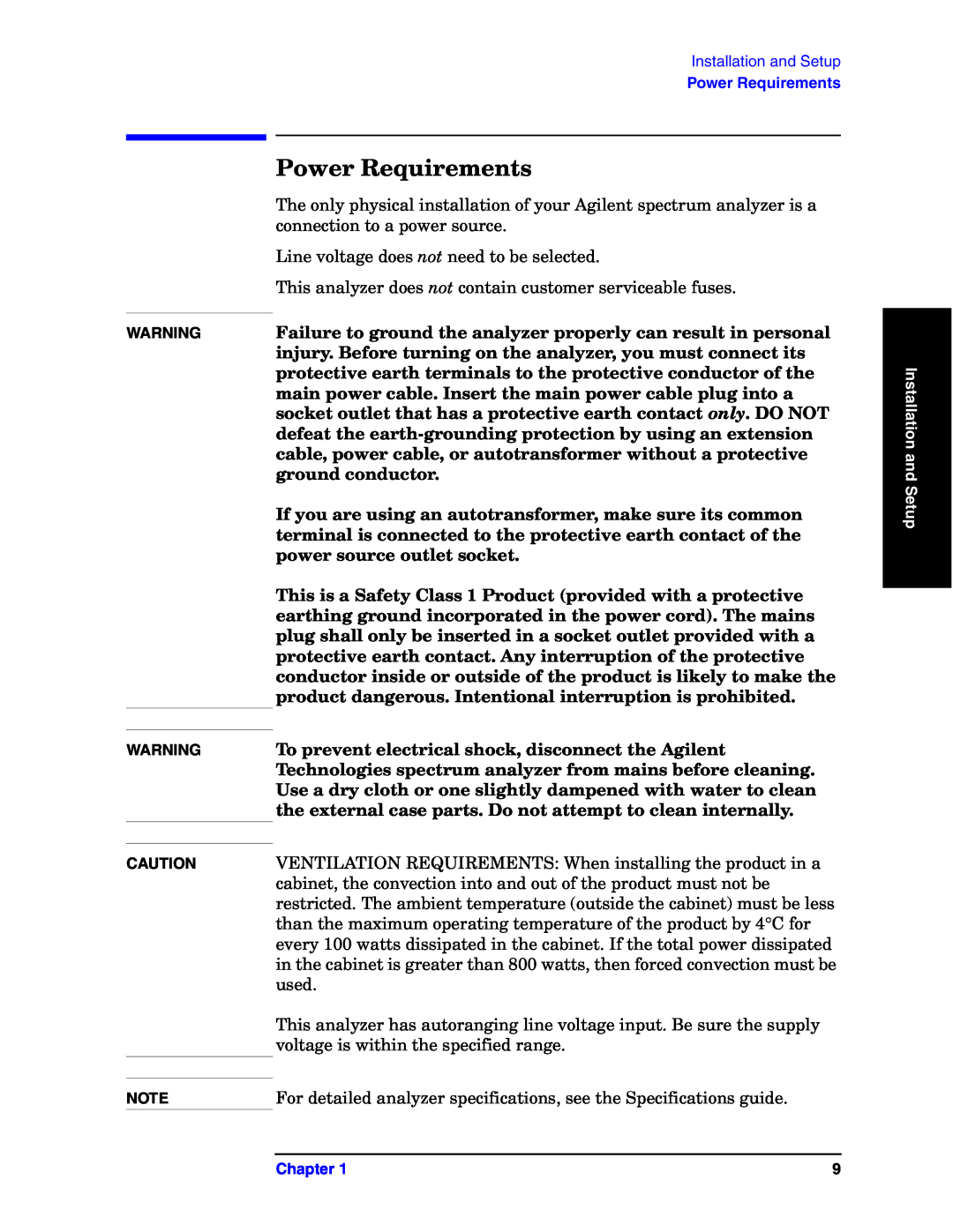 Agilent Technologies E4440A manual Power Requirements 