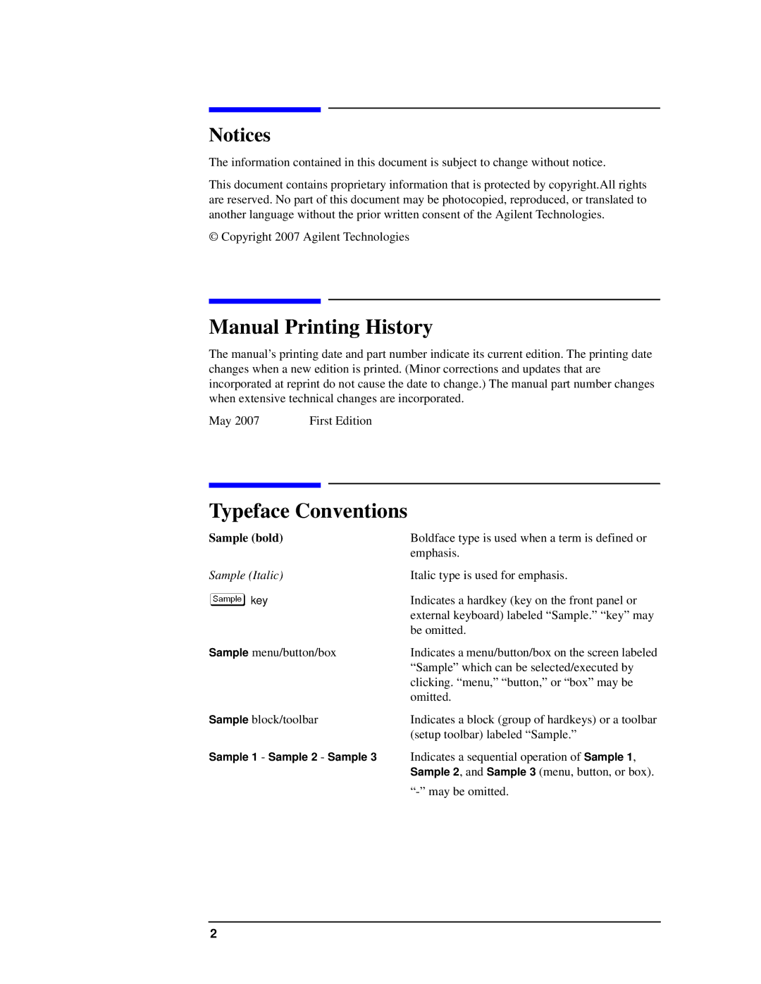 Agilent Technologies e5052-90202 manual Manual Printing History, Sample bold 