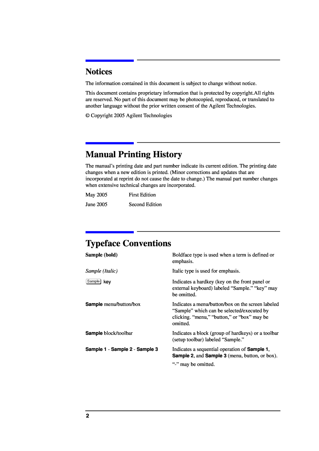 Agilent Technologies E5070BU, E5071BU Sample bold, Manual Printing History, Typeface Conventions, Notices, Sample Italic 