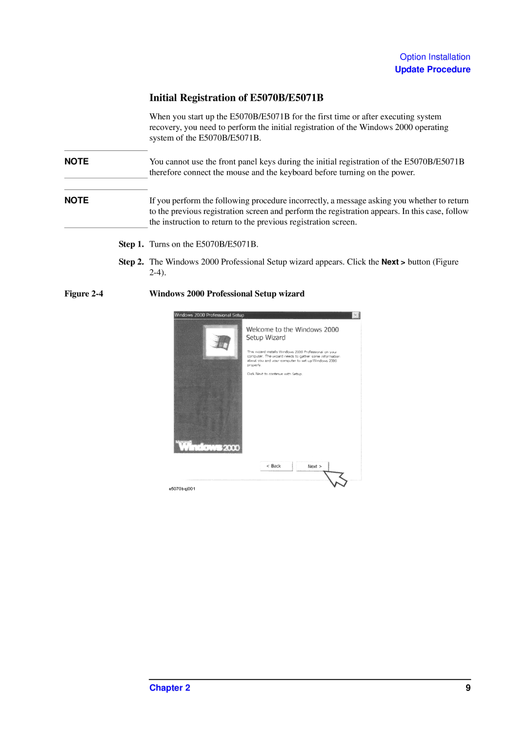 Agilent Technologies E5071BU, E5070BU manual Initial Registration of E5070B/E5071B, Windows 2000 Professional Setup wizard 