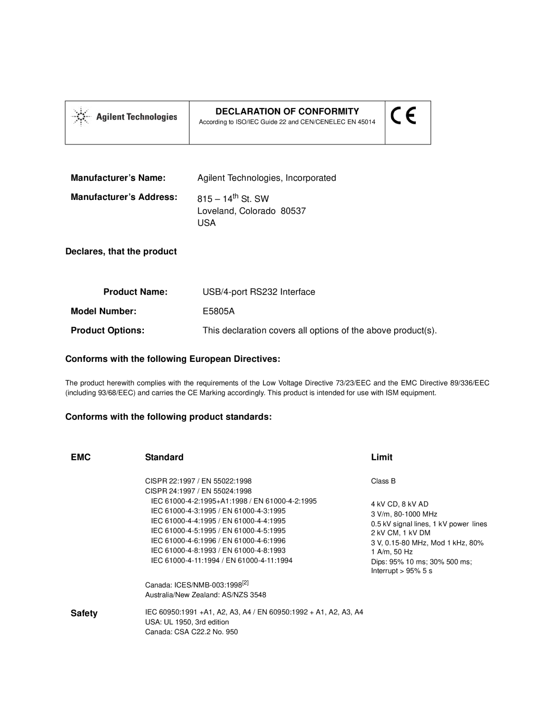 Agilent Technologies E5805A manual Declaration of Conformity 