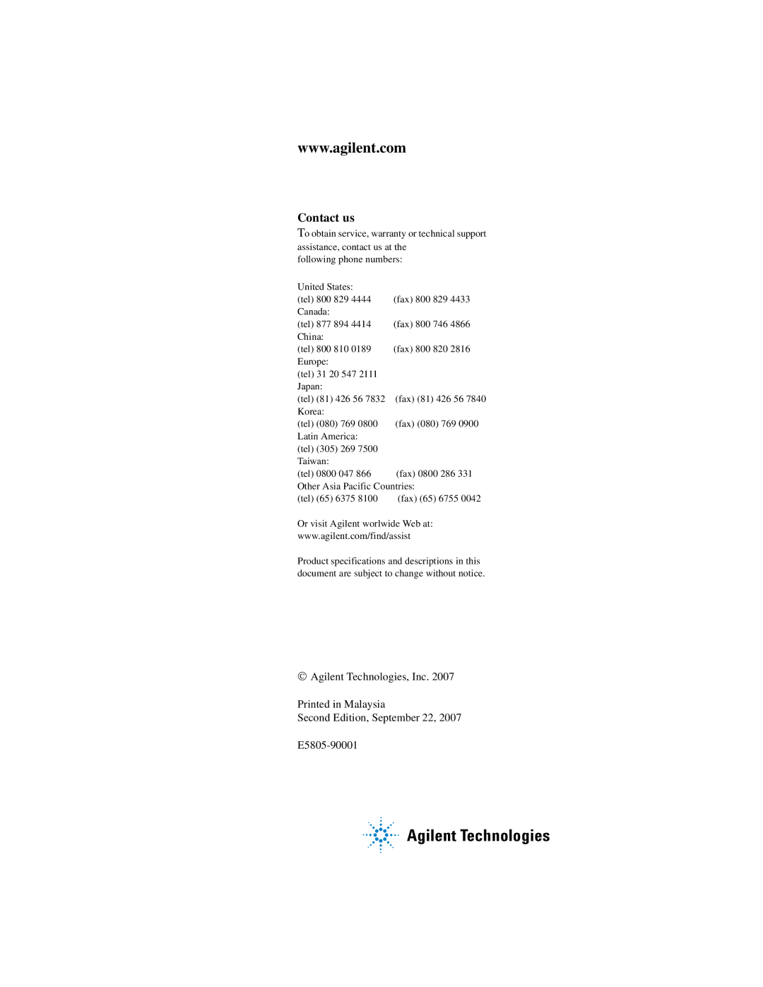 Agilent Technologies E5805A manual Contact us 