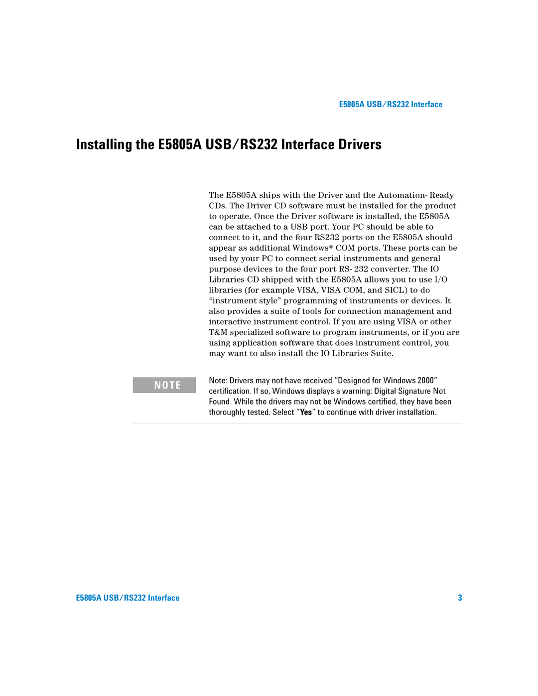 Agilent Technologies manual Installing the E5805A USB/RS232 Interface Drivers 