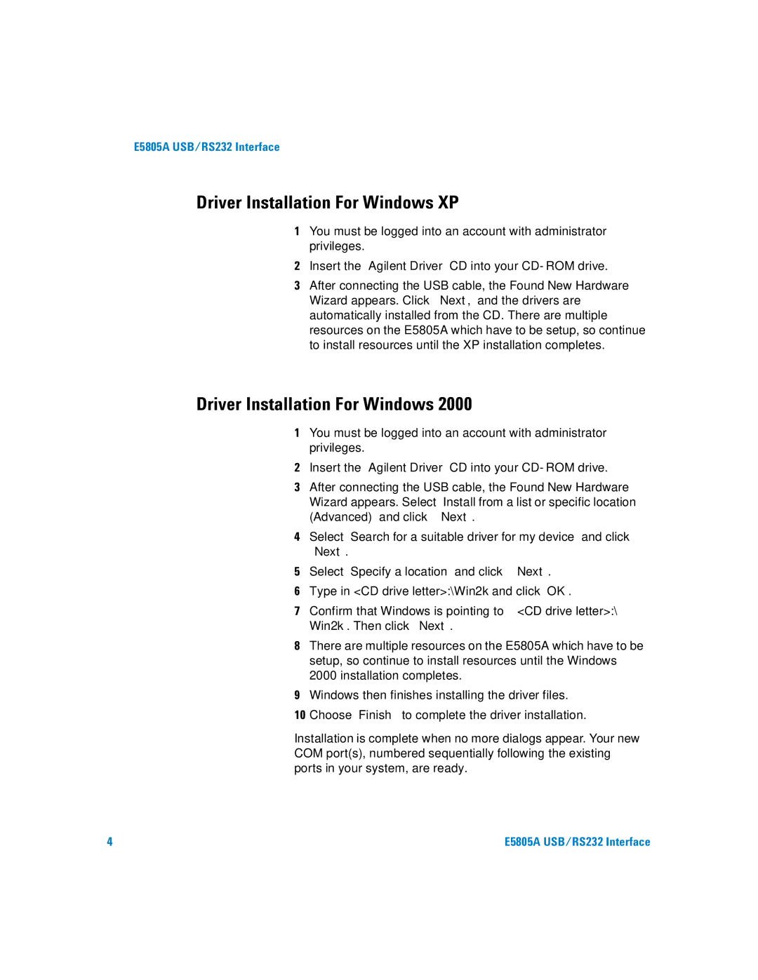 Agilent Technologies E5805A manual Driver Installation For Windows XP 