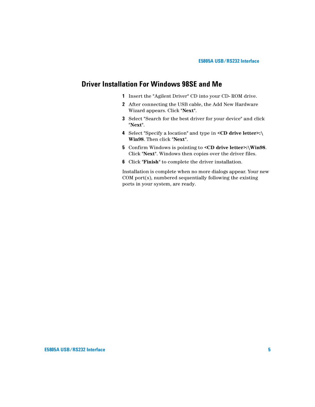 Agilent Technologies E5805A manual Driver Installation For Windows 98SE and Me 