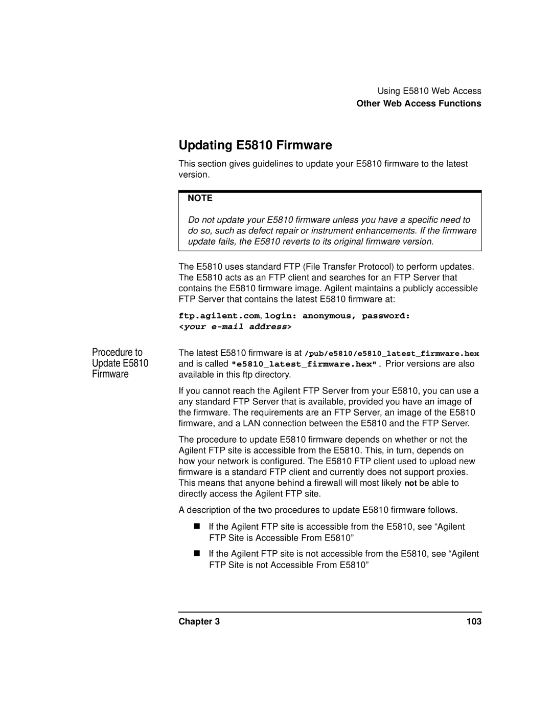 Agilent Technologies E5810A manual Updating E5810 Firmware, Procedure to, Update E5810 