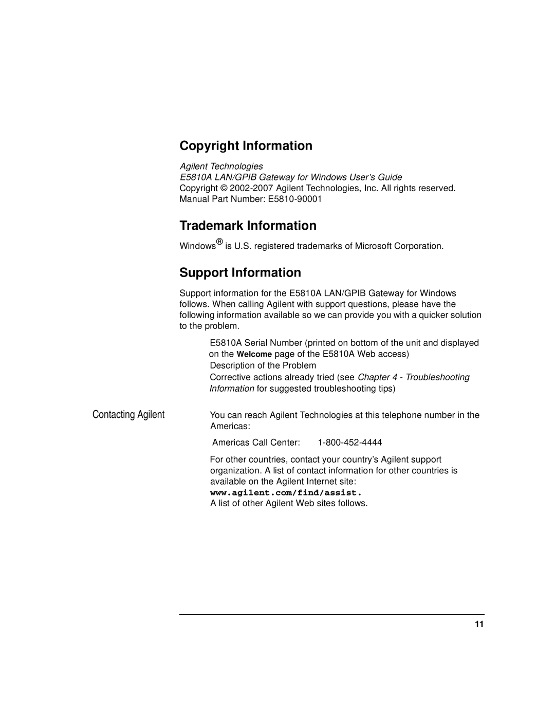 Agilent Technologies E5810A manual Copyright Information, Trademark Information, Support Information, Contacting Agilent 