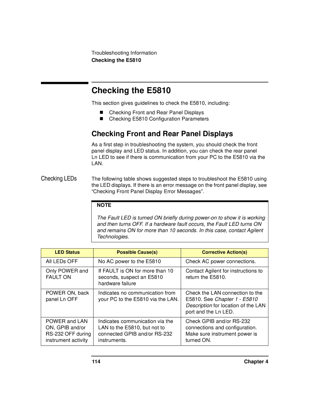 Agilent Technologies E5810A manual Checking the E5810, Checking Front and Rear Panel Displays, Checking LEDs, Chapter 