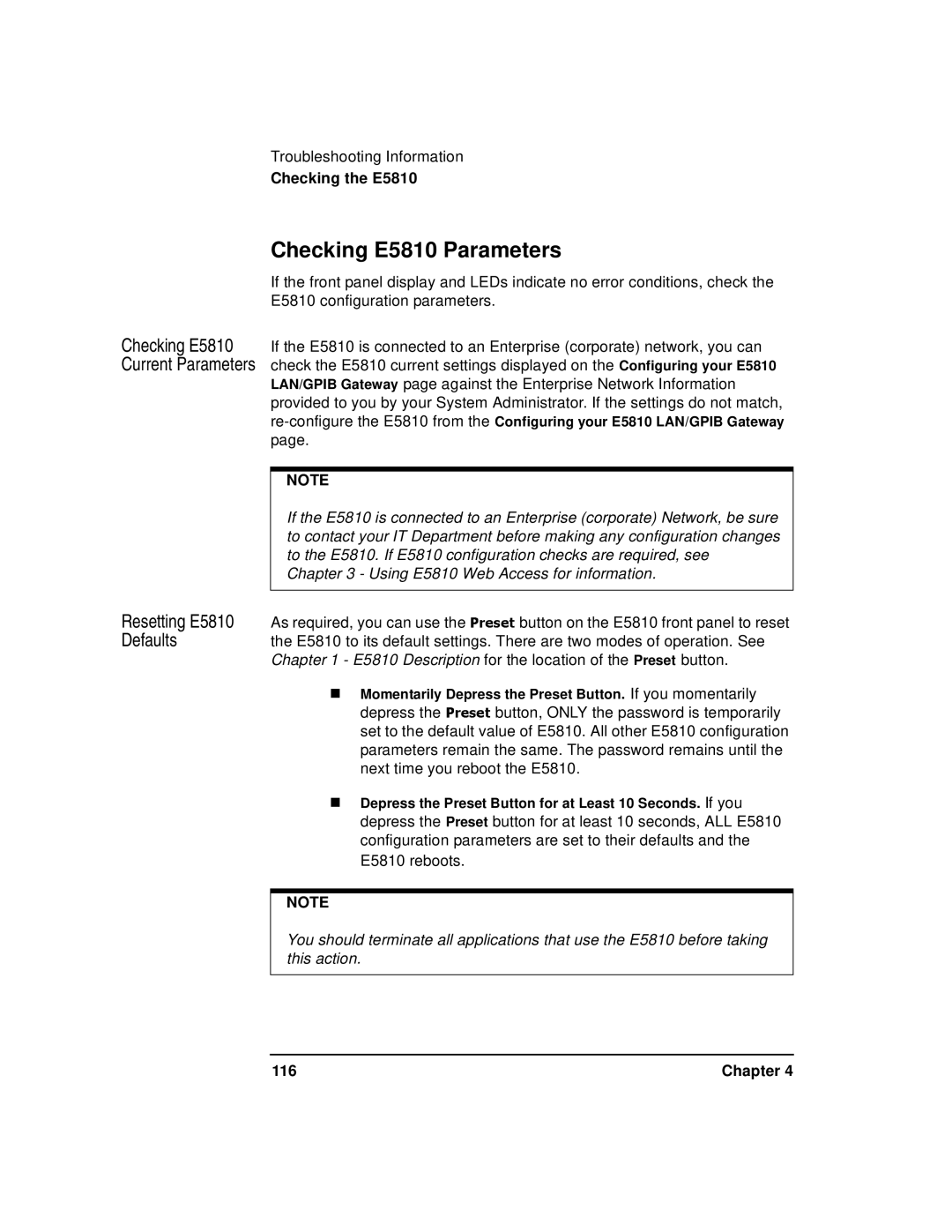 Agilent Technologies E5810A manual Checking E5810 Parameters, Resetting E5810, Defaults, 116 