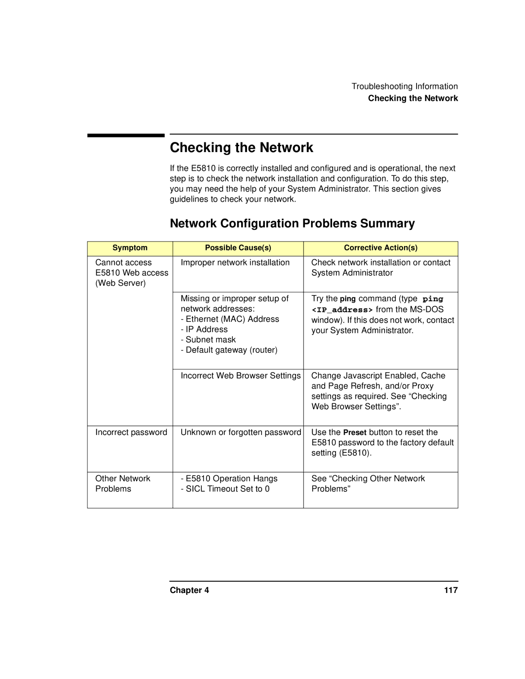 Agilent Technologies E5810A manual Checking the Network, Network Configuration Problems Summary 