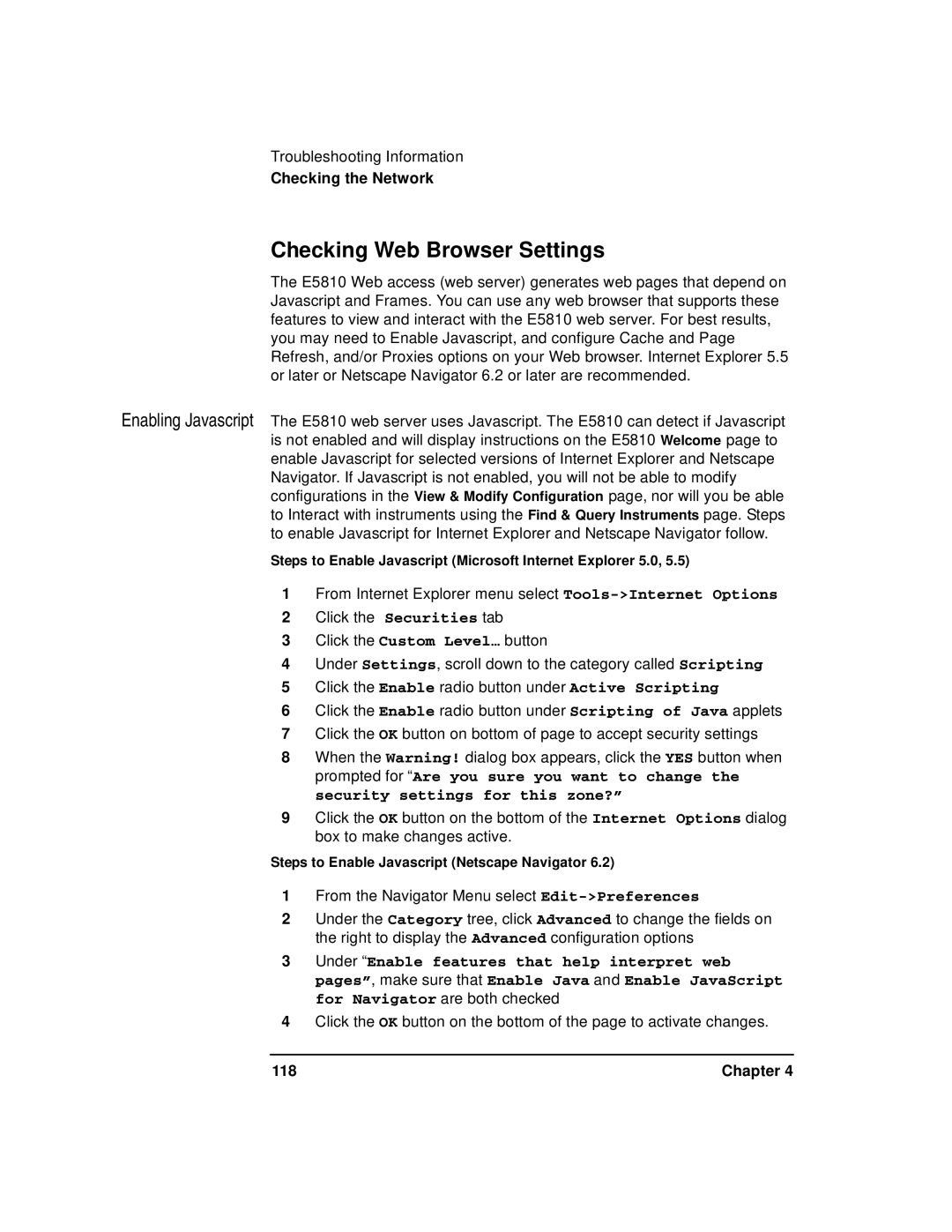 Agilent Technologies E5810A manual Checking Web Browser Settings, Chapter 