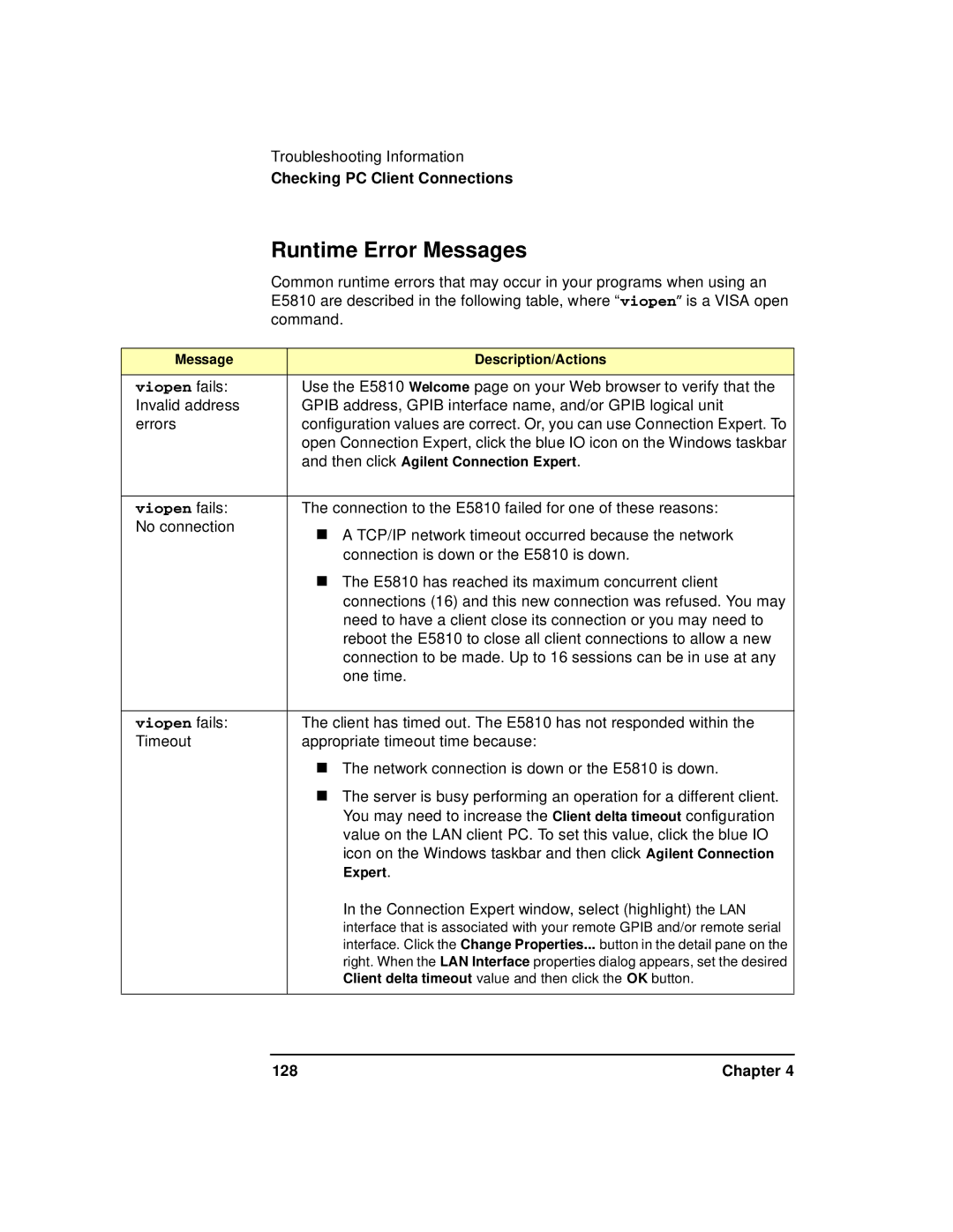 Agilent Technologies E5810A manual Runtime Error Messages, Chapter 