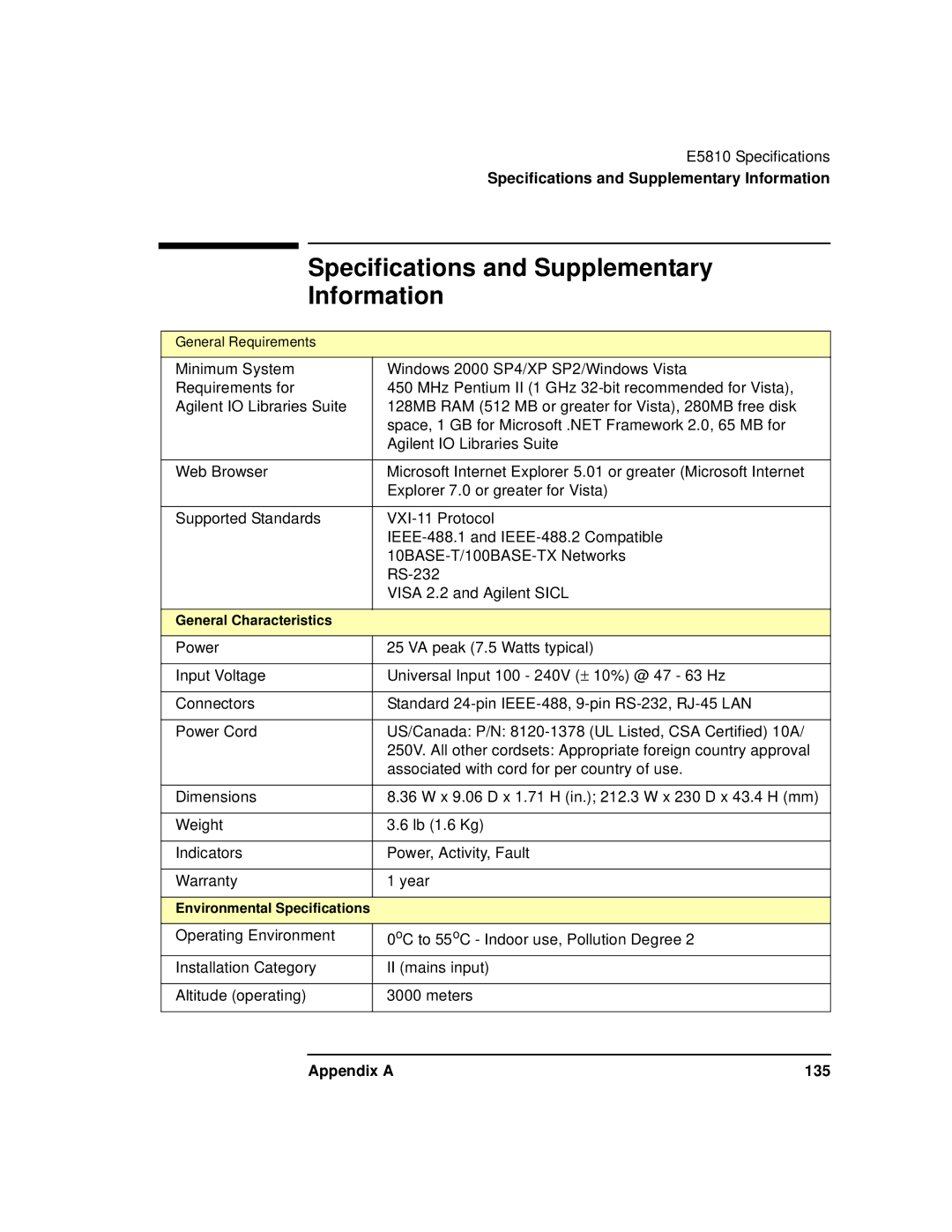 Agilent Technologies E5810A manual Specifications and Supplementary Information, Appendix a 135 