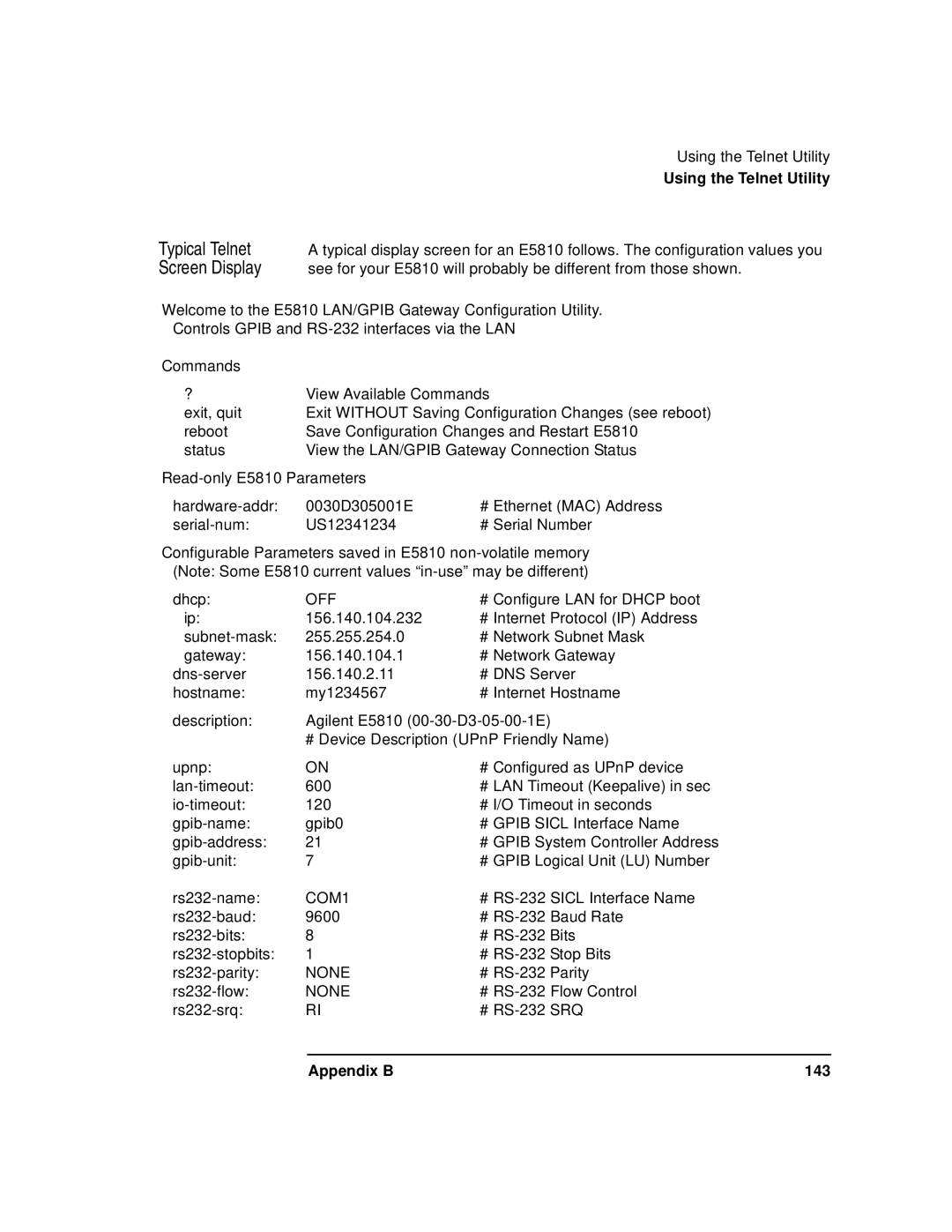 Agilent Technologies E5810A manual Off, Appendix B 143 